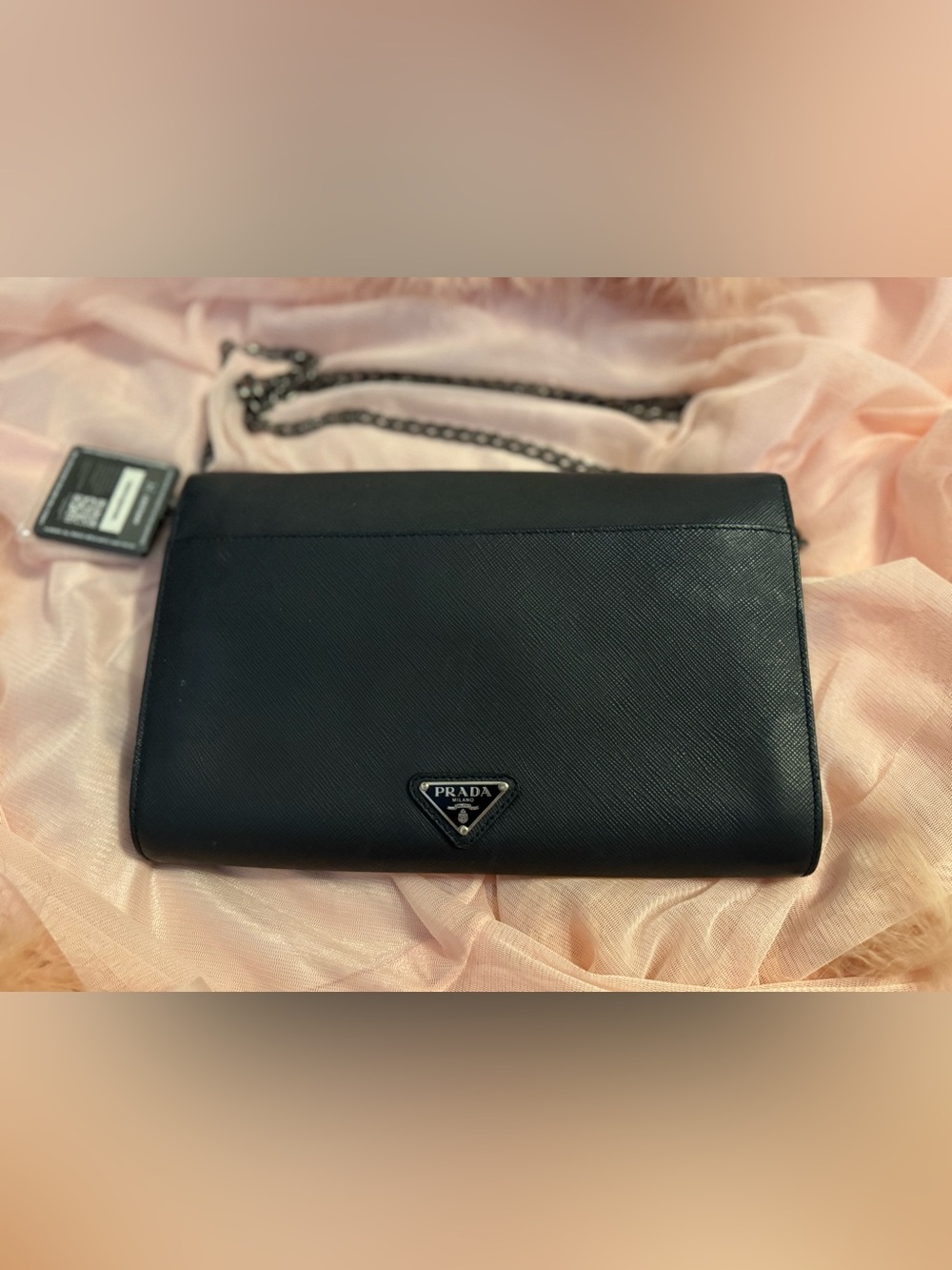 Prada Saffiano Envelope Push-Lock Clutch with Crossbody Chain